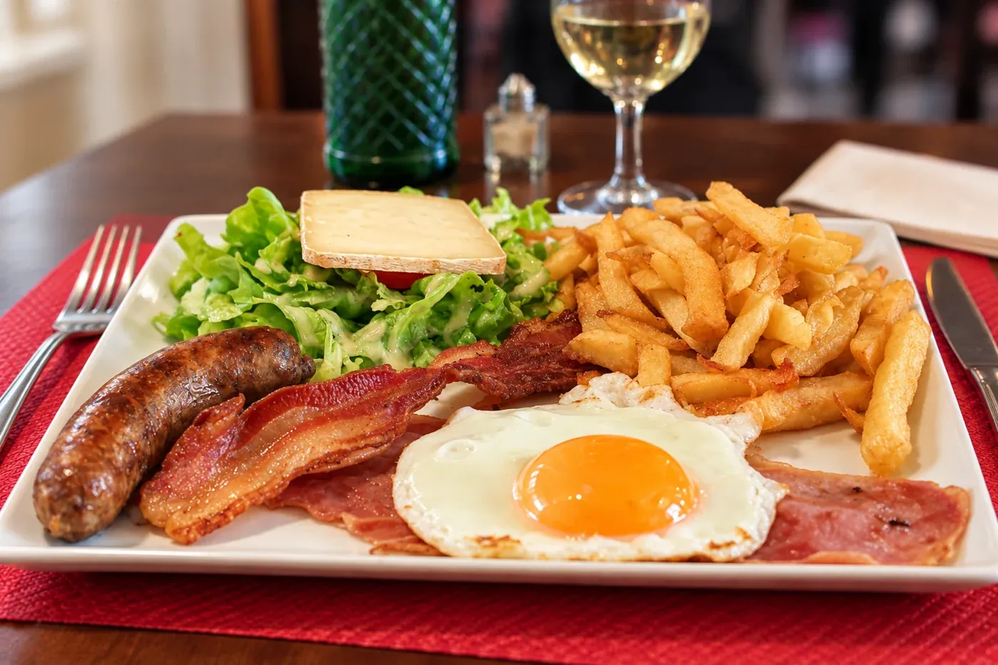 Assiette combinée : saucisse, ventrèche, jambon, œuf au plat, fromage, salade et frites maison